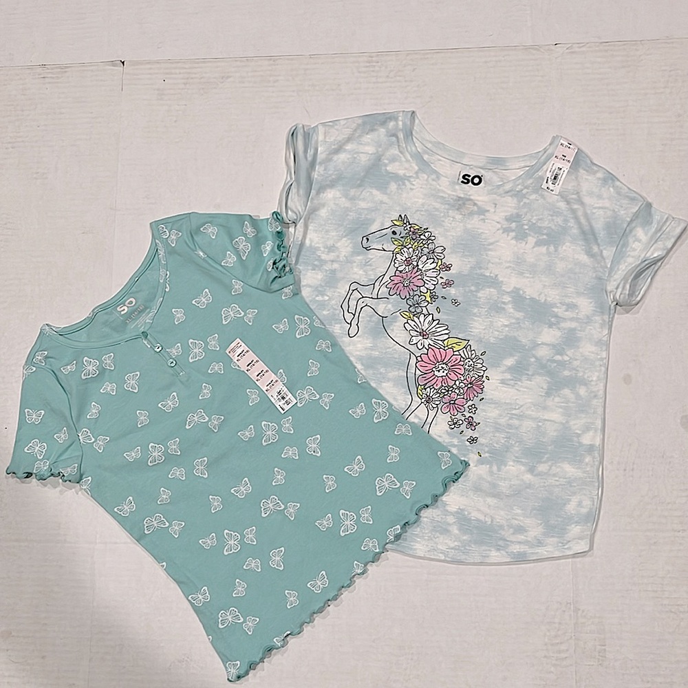 SO NWT Girls Tees 1. Blue Unicorn Design 2. Teal Butterflies.  SIZE. XL (14-16)